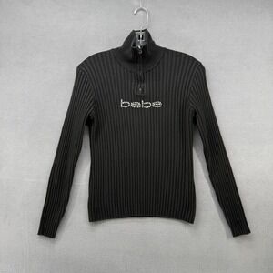 Y2K Bebe Black Ribbed Quarter Zip Rhinestone Logo Turtleneck Sweater Women's L